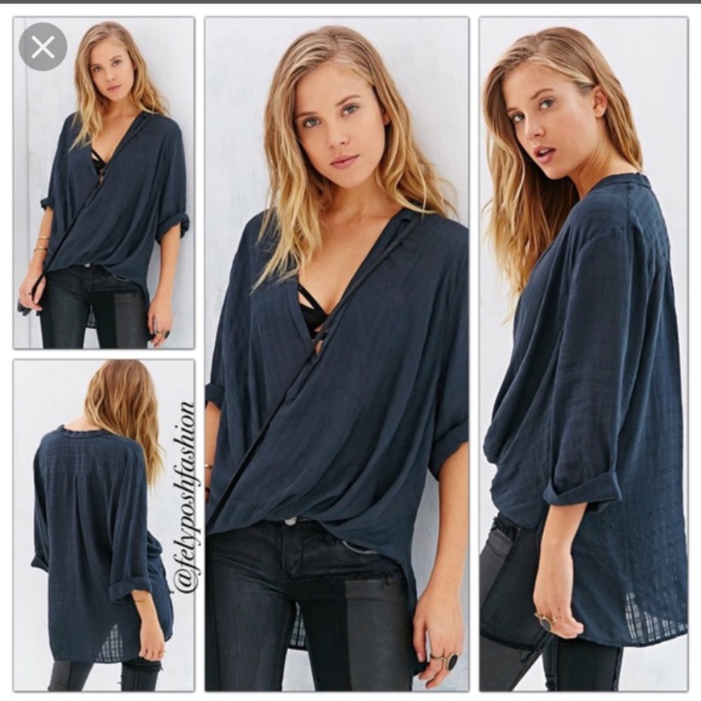 UO Windowpane Surplice Top in Blue-grey